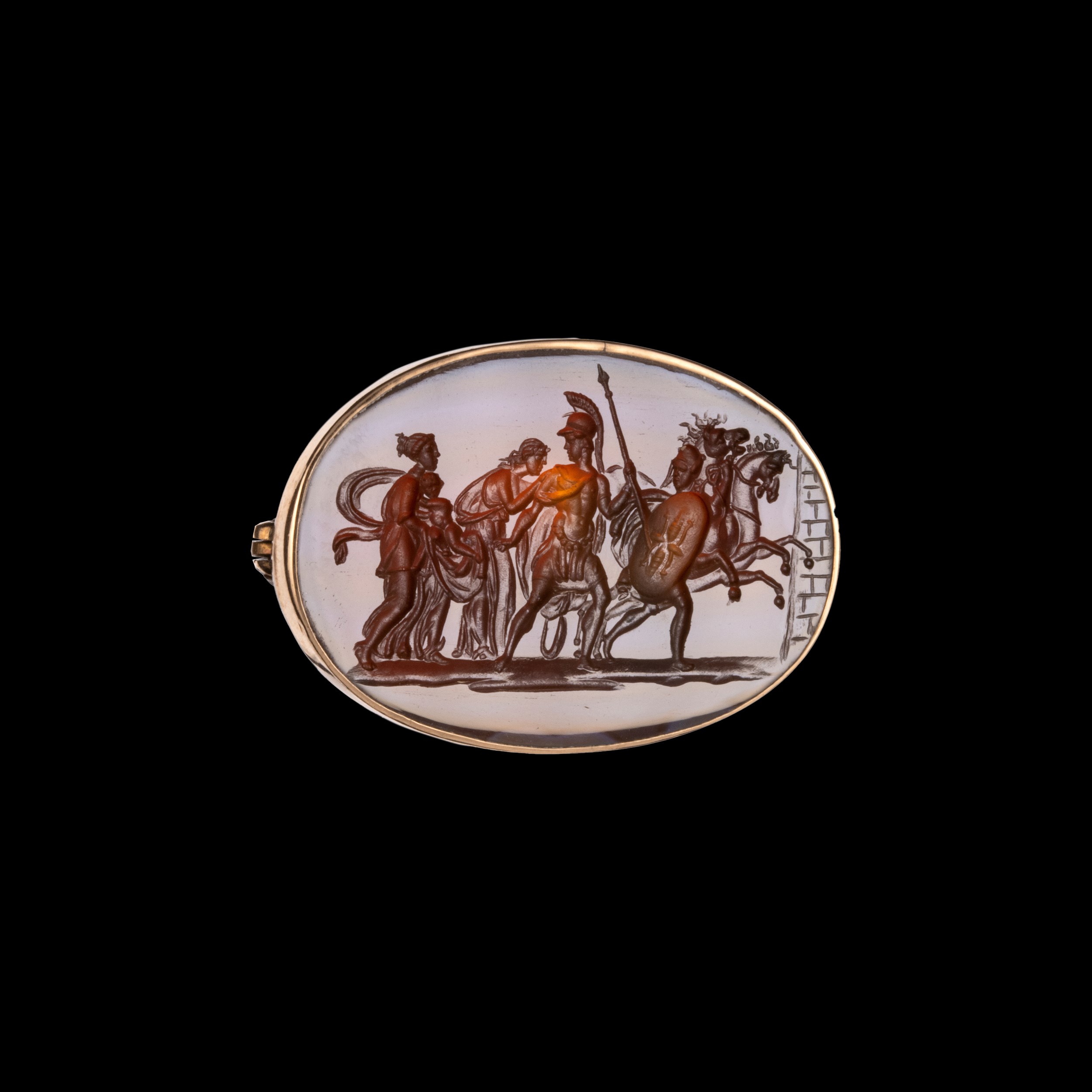 A gold brooch set with a large Neoclassical agate intaglio. Farewell of Hector and Andromache.